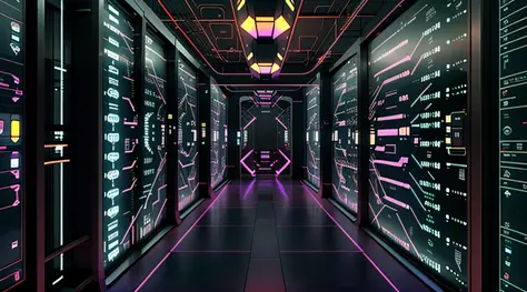 a dimly lit hallway with rows of data and computer screens, background is data server room, hacking into the mainframe, cyber sp...