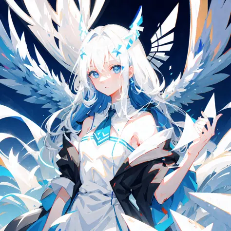 1 female, two-dimensional, white hair and blue eyes, black sky on the background, large white dragon horns on the head, bare shoulders, delicate face, main seat, wings spread behind the back, white skin,