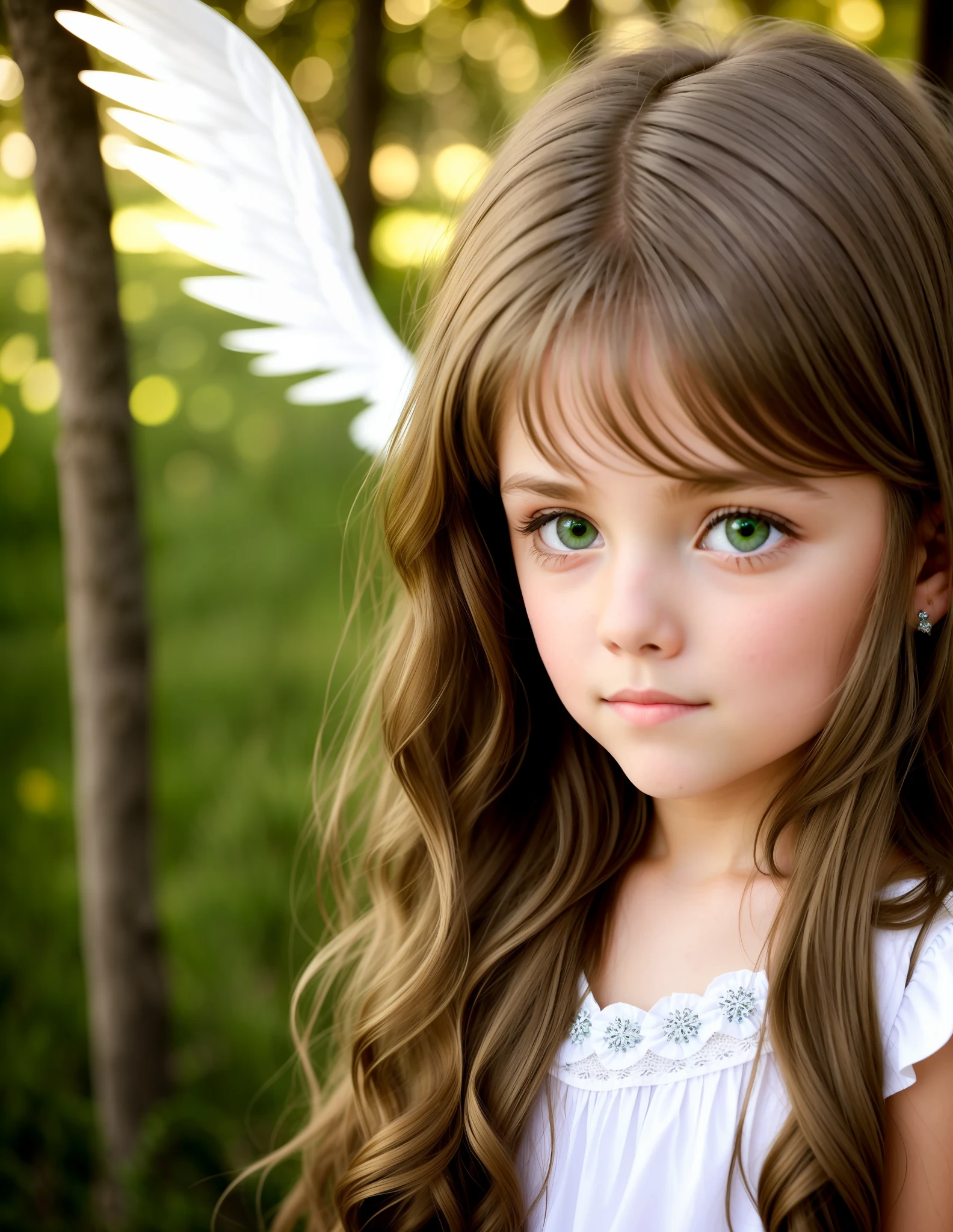 A 9 year old green eyed girl long hair resembling an angel