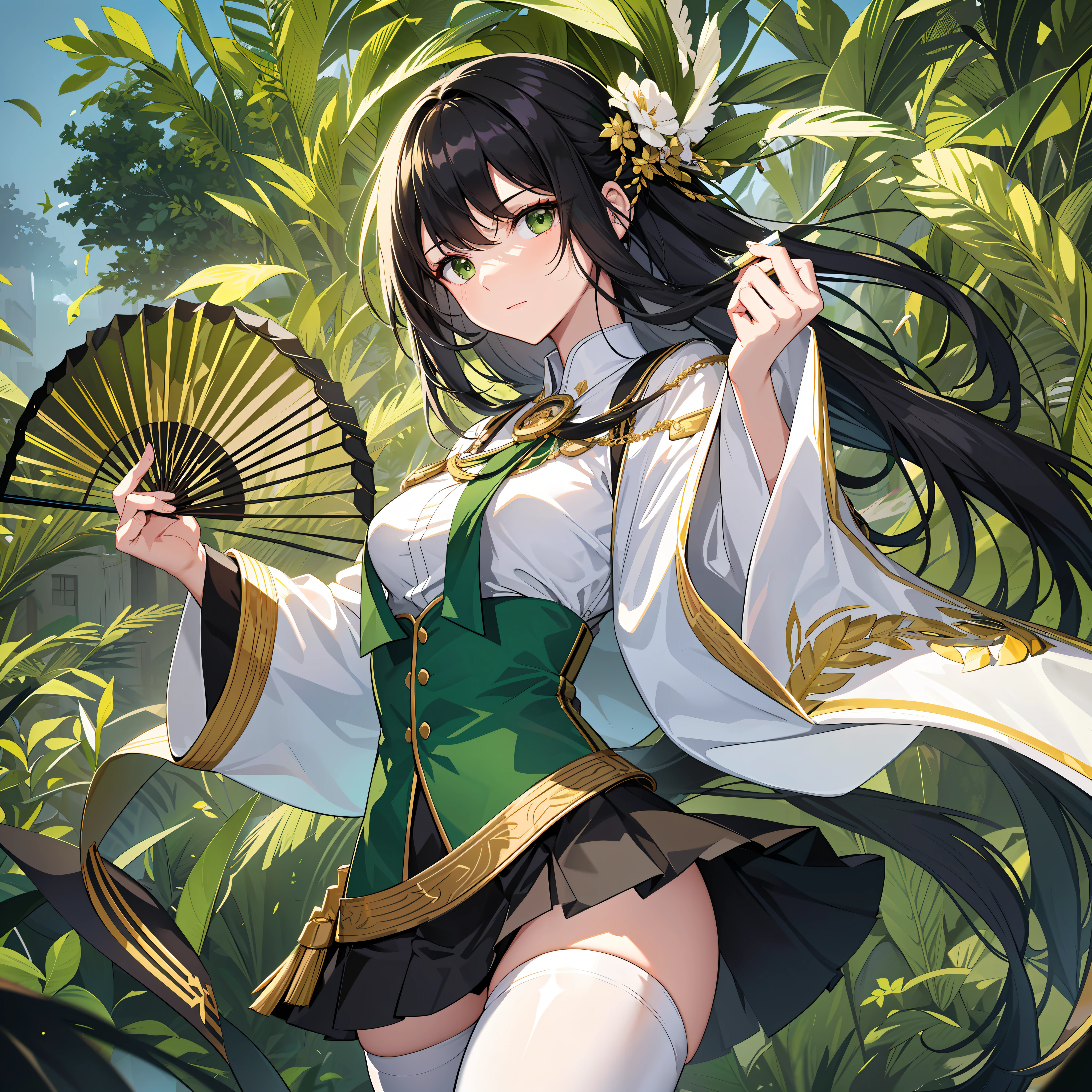 Adult, one female, Long black hair with green line in the middle, white shirt with Rank on the shoulder , short green skirt with gold trim,With a hand fan While Jump in the Desert , Slanted eyes, Glare, masterpiece, variation style, white stocking