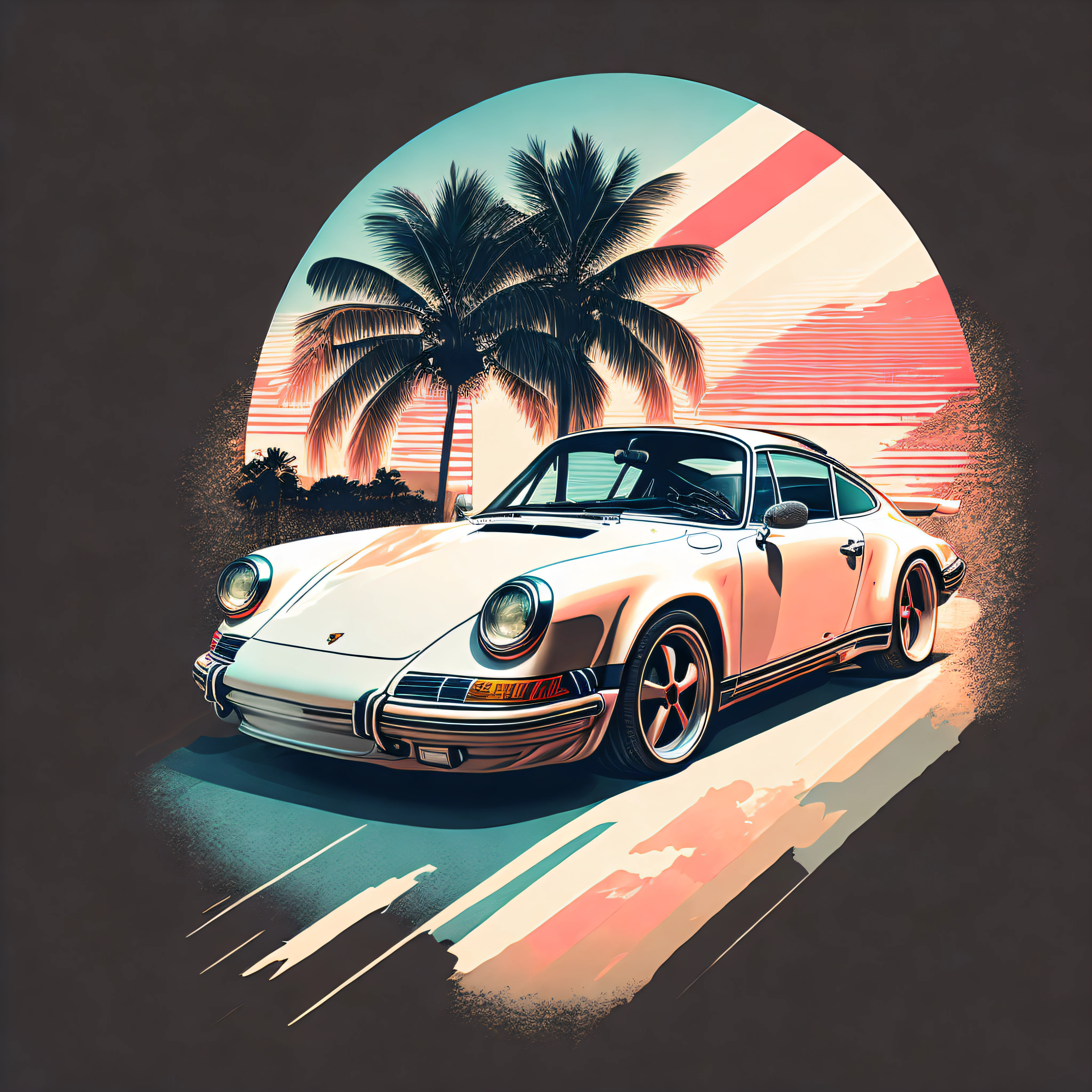 Artwork for t-shirt graphic design, a retro graphic design, porsche 911, miami street, soft four color color, vintage pastel tone, highly detailed clean, vector image, realistic masterpiece, professional photography, realistic car, simple car sunrise background, flat black background, isometric, vibrant vector