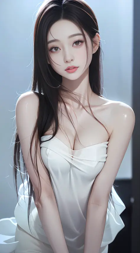 (1 cute Korean star) Realistic photo of shoulder-length hair, light makeup, medium breast size, no clothes, in school, clear facial features, 8K high resolution, clear and realistic details.