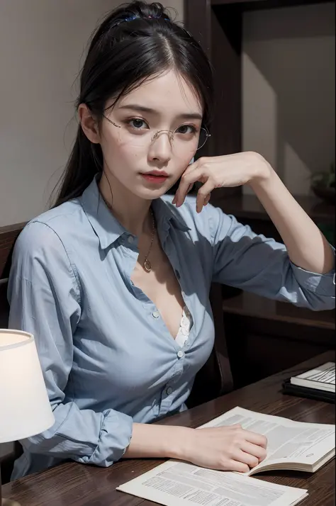 20 yo woman, black hair, short ponytail, thin frame glasses, thinking face, (wearing opened button shirt,medium breasts with cle...