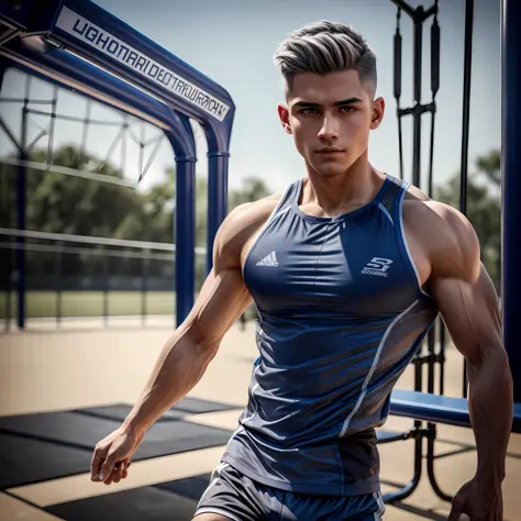 8k resolution, ultra-fine detail, delicate picture, strong light tracing, masterpiece, high quality, detail light, ray tracing, 1 boy, short gray hair, perfect face, blue ear drills, strong body, full body photo, sportswear, sneakers, on the playground run...