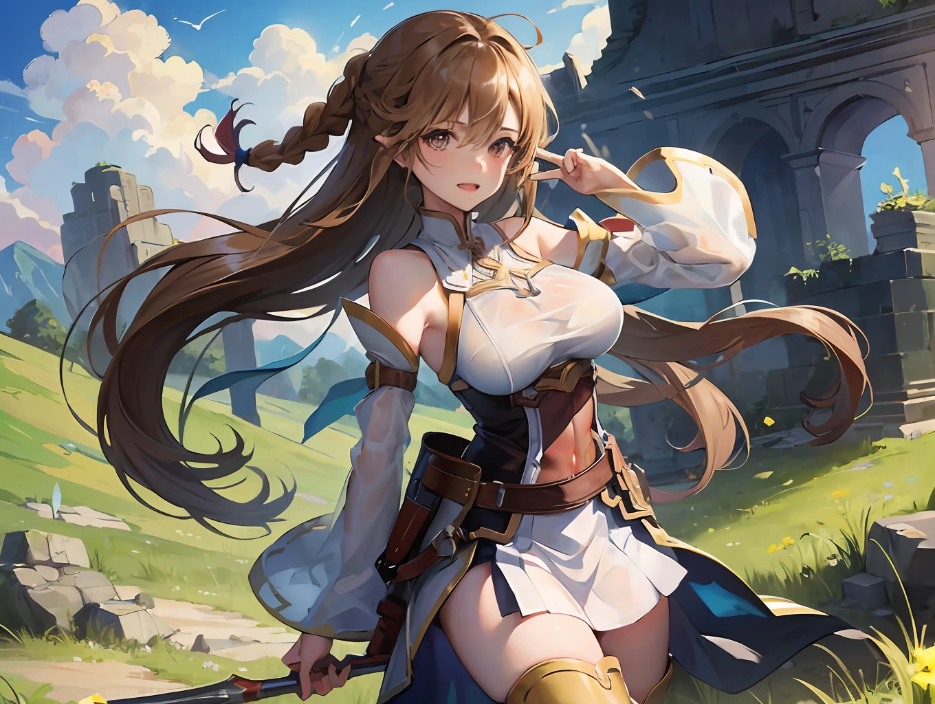 A woman in a white dress holding a sword and a shield - SeaArt AI