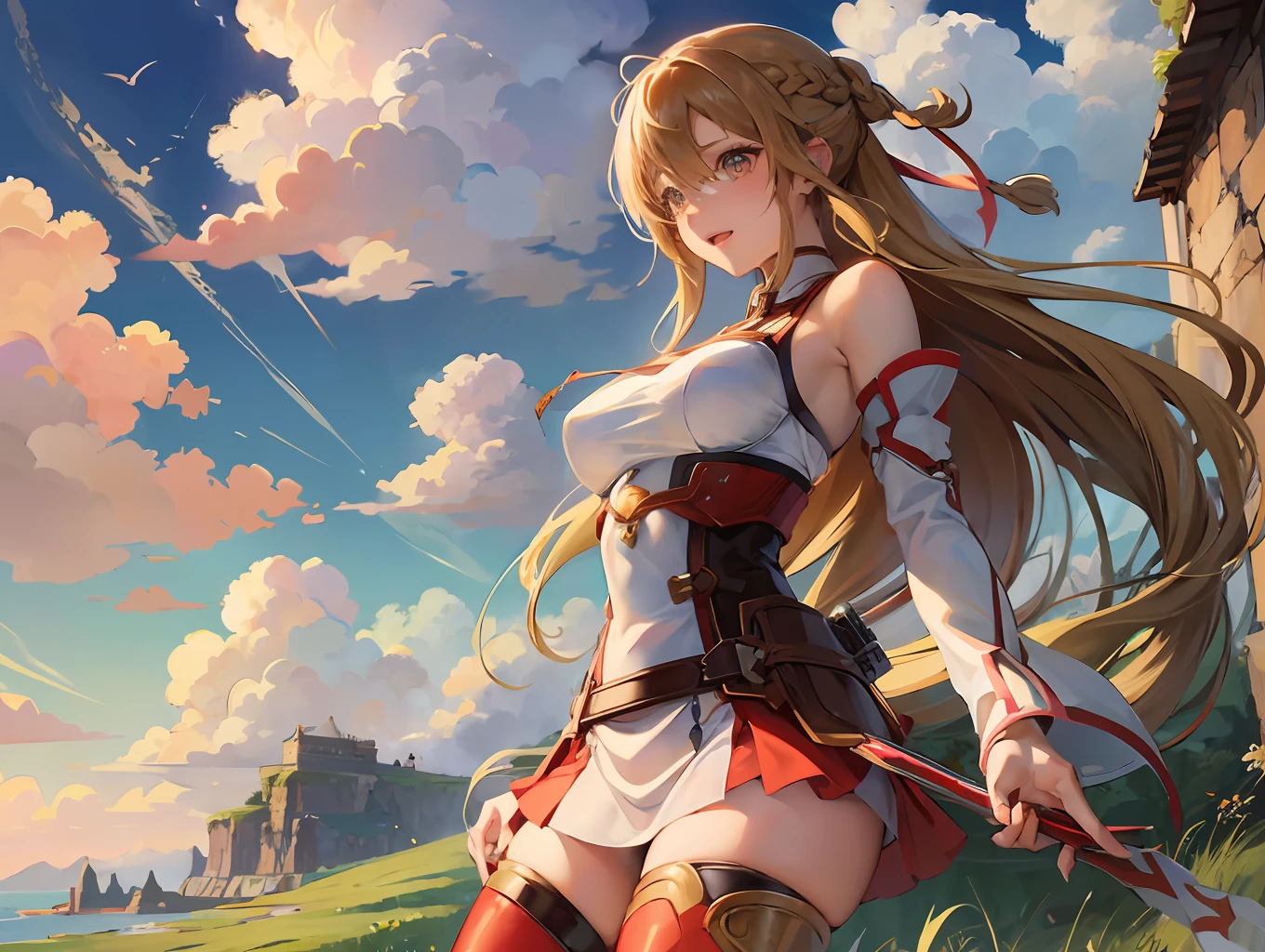 Anime girl with long hair and red boots standing in front of a castle -  SeaArt AI