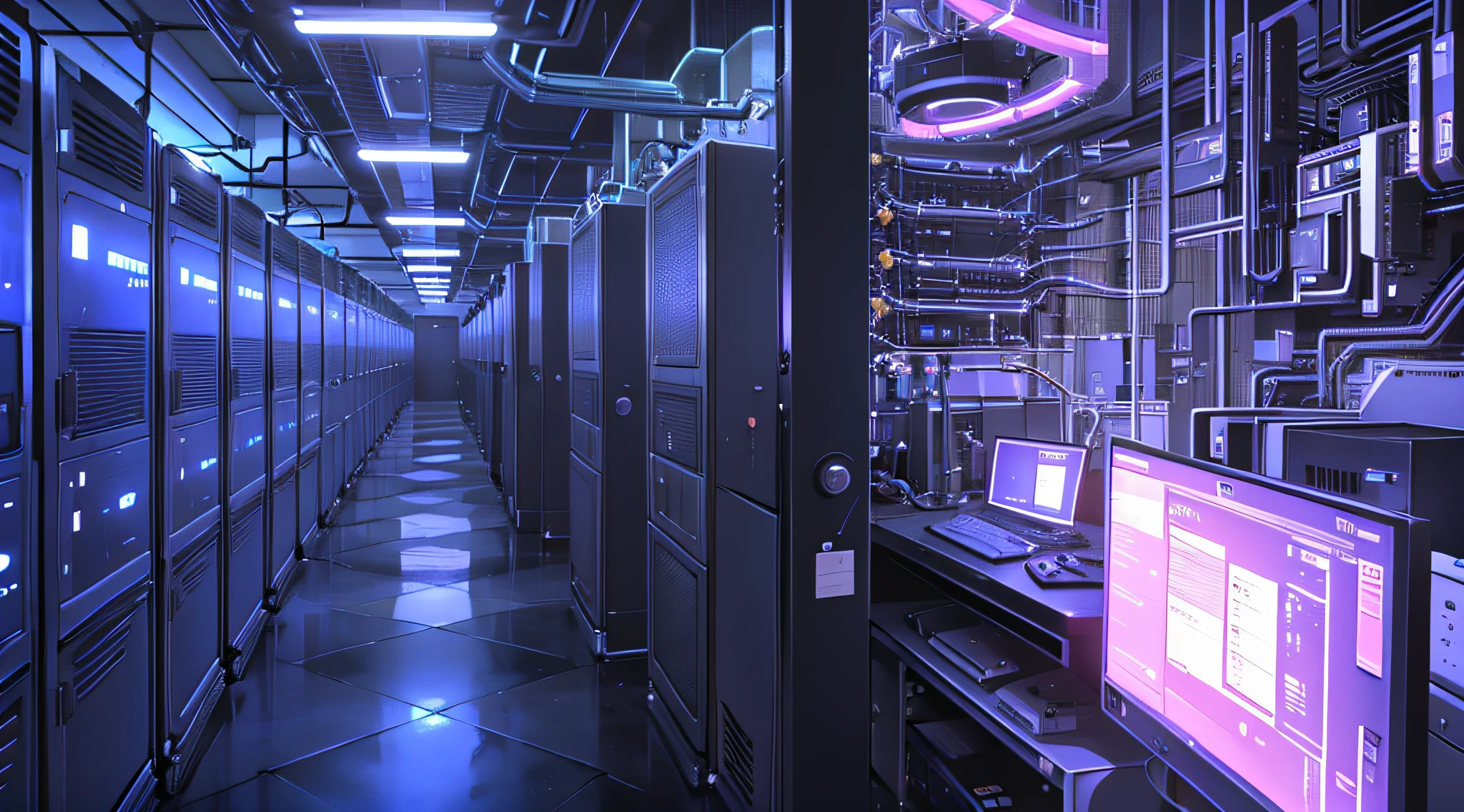 un couloir faiblement éclairé avec des rangées de données et des écrans d&#39;ordinateur, l&#39;arrière-plan est la salle des serveurs de données, piratage de l&#39;ordinateur central, cyberespace, dans un centre de données réaliste, 3840x2160, 3840 x 2160, fond de couloir de vaisseau spatial, cyberarchitecture, cyberespace surréaliste, dans un centre de données détaillé,technologie de serveur néon bleu clair bleu foncé --auto --s2