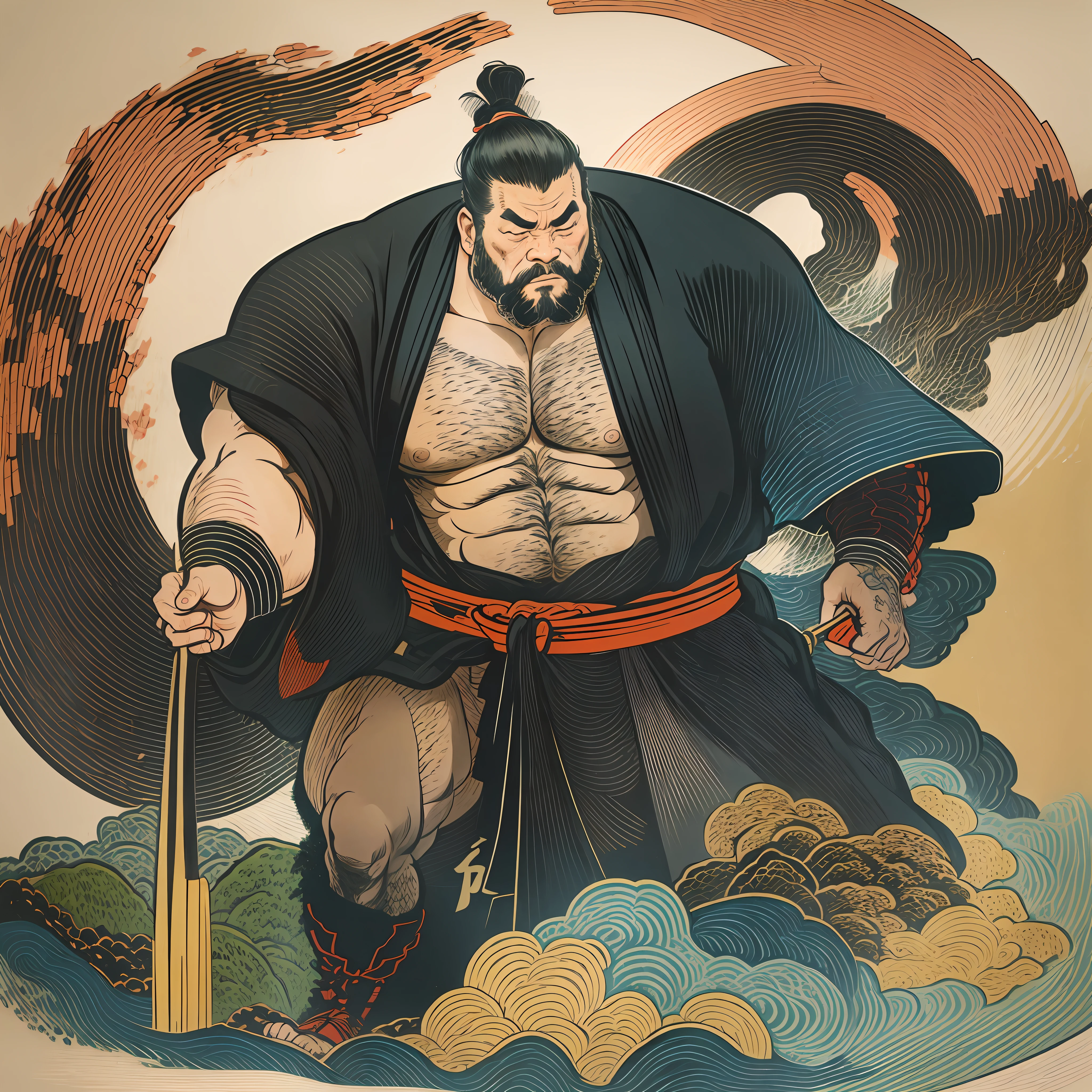 Es handelt sich um eine Ganzkörperbemalung mit natürlichen Farben und Strichzeichnungen im Stil des Ukiyo-e. Ein japanischer Samurai mit großem Körper wie ein starker Mann, keine Körperbehaarung, Keine Tätowierungen. Er hat einen hübschen und rauen Gesichtsausdruck, mit kurzen schwarzen Haaren und einem kurzen, gestutzter Bart. Ungefähr 30er Jahre. Sein Oberkörper sollte in einen schwarzen Kimono gezeichnet sein, mit einem knielangen Hakama in fließender Form, die im Wind flattert. Japan hält ein Schwert in seiner rechten Hand. Erleben Sie den donnernden hochauflösenden Ukiyo-e-Stil dieses Meisterwerks in höchster Qualität