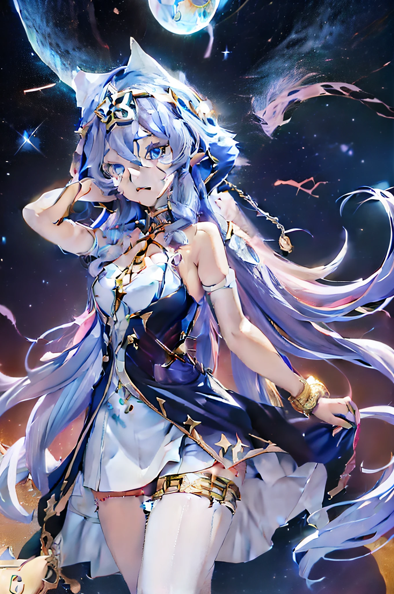 Anime-Mädchen mit langen weißen Haaren und blauen Augen in einem Kleid, bestes Anime 4k Konachan-Hintergrundbild, Porträt Ritter des Tierkreises Mädchen, Trends auf Artstation Pixiv, detaillierte Schlüssel-Anime-Kunst, hochdetailliertes offizielles Kunstwerk, Anime-Göttin, Anime-Kunst-Tapete 4k, Anime-Kunst-Hintergrundbild 4k, Anime-Kunst-Tapete 8 K, wunderschöner himmlischer Magier, Detaillierte digitale Anime-Kunst