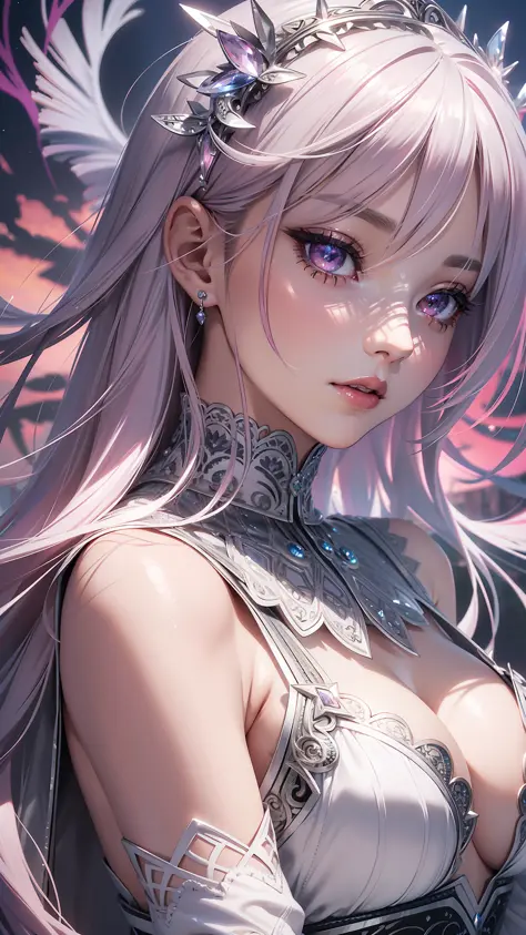 Realistic, Hyper Detail, yang woman, Layered Bob, Dynamic Lighting, ((Bold imaginative pose)), (Glossy skin: 1.5), Masterpiece, Top Quality, Absurdity, Watching Viewer, (silver and light pink Hair), deep Purple Clear Eyes,((Beautiful, detailed eyes, jewel-...