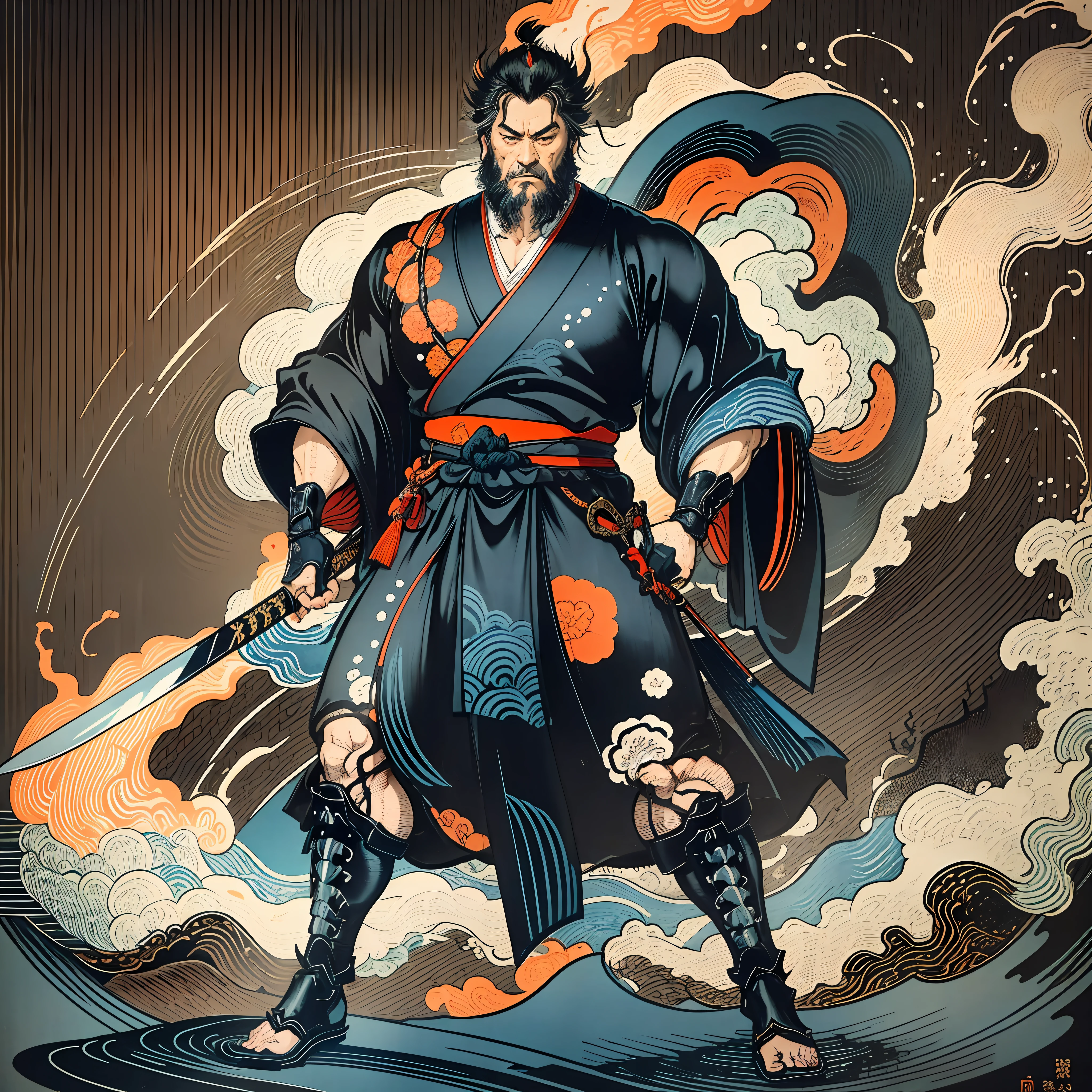 É uma pintura de corpo inteiro com cores naturais com desenhos de linhas no estilo Katsushika Hokusai.. O espadachim Miyamoto Musashi tem um corpo grande como um homem forte. Samurais do Japão. Ele tem uma expressão de determinação digna, mas viril, Cabelo preto curto, e um curto, barba aparada. A parte superior de seu corpo está coberta por um quimono preto e seu hakama vai até os joelhos.. Na mão direita ele segura uma espada japonesa. na mais alta qualidade, no relâmpago de alta resolução do estilo ukiyo-e e nas chamas rodopiantes da obra-prima. Miyamoto Musashi fica com o rosto e o corpo voltados para frente, suas costas retas.