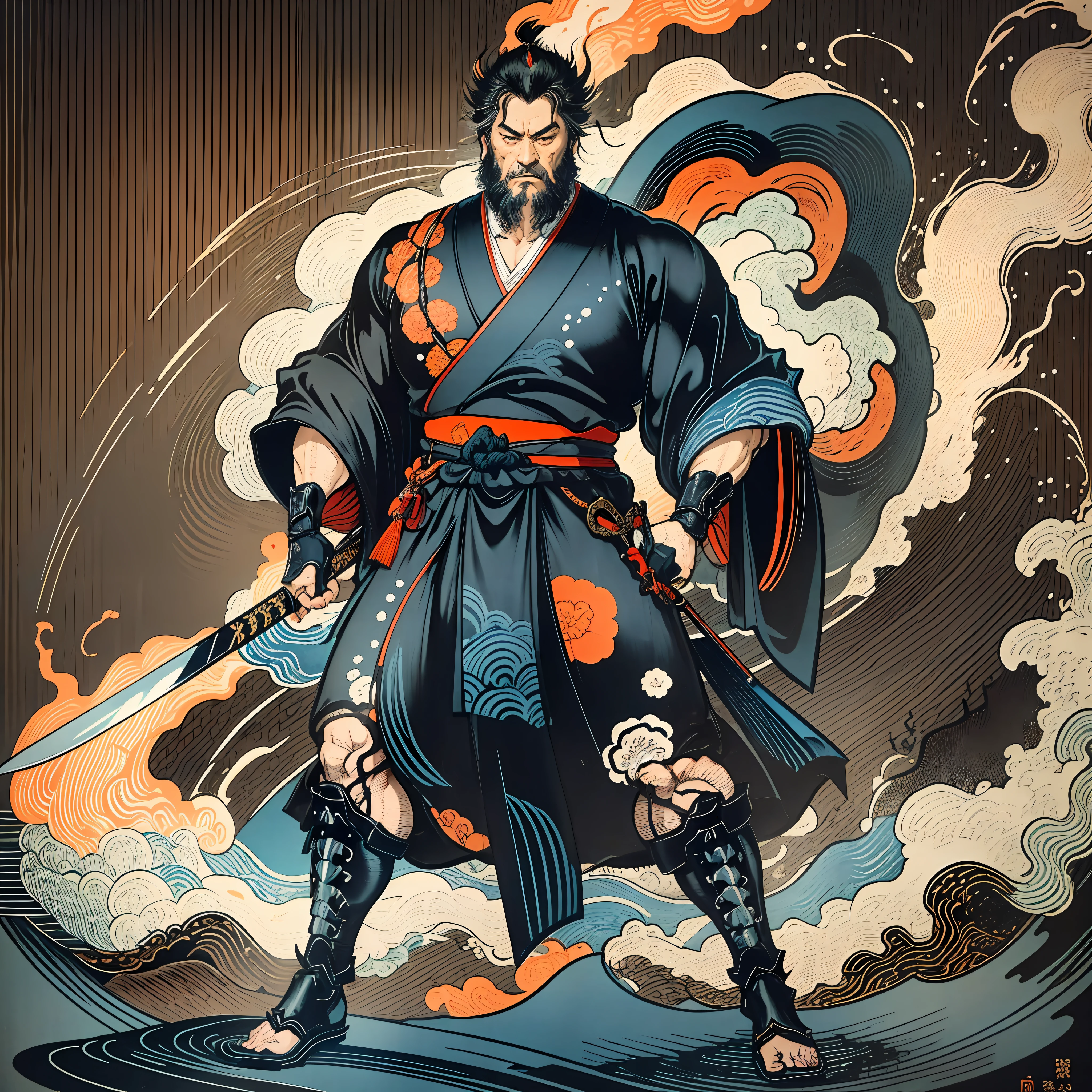 It is a full-body painting with natural colors with Katsushika Hokusai-style line drawings. The swordsman Miyamoto Musashi has a big body like a strongman. Samurai of Japan. He has a dignified yet manly expression of determination, short black hair, and a short, trimmed beard. His upper body is covered in a black kimono and his hakama is knee-long. In his right hand he holds a Japan sword. In the highest quality, in the high-resolution ukiyo-e style lightning and swirling flames of the masterpiece. Miyamoto Musashi stands with his face and body facing forward, his back straight.