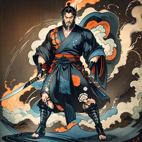 It is a full-body painting with natural colors with Katsushika Hokusai-style line drawings. The swordsman Miyamoto Musashi has a...