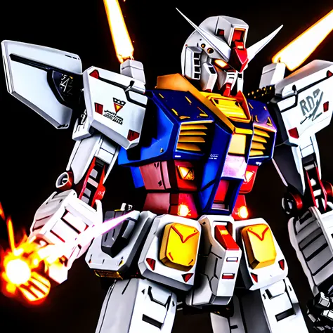 a giant  (Gundam rx78 1.2)  robot with a gun in its hand and  Shield in space,  space; earth in the background,  ruins, sci-fi, sparks, and flames surround it, Steel, edge rust, and edge wear (extremely detailed CG unity 8k wallpaper), realistic, ((masterp...