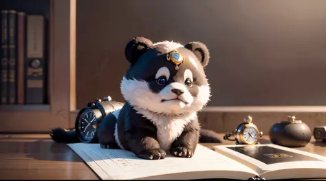 a super cute chunky panda cub as big as a watch lying on his desk, book, ((mechanical watch)), (watch meticulously depicted)), l...