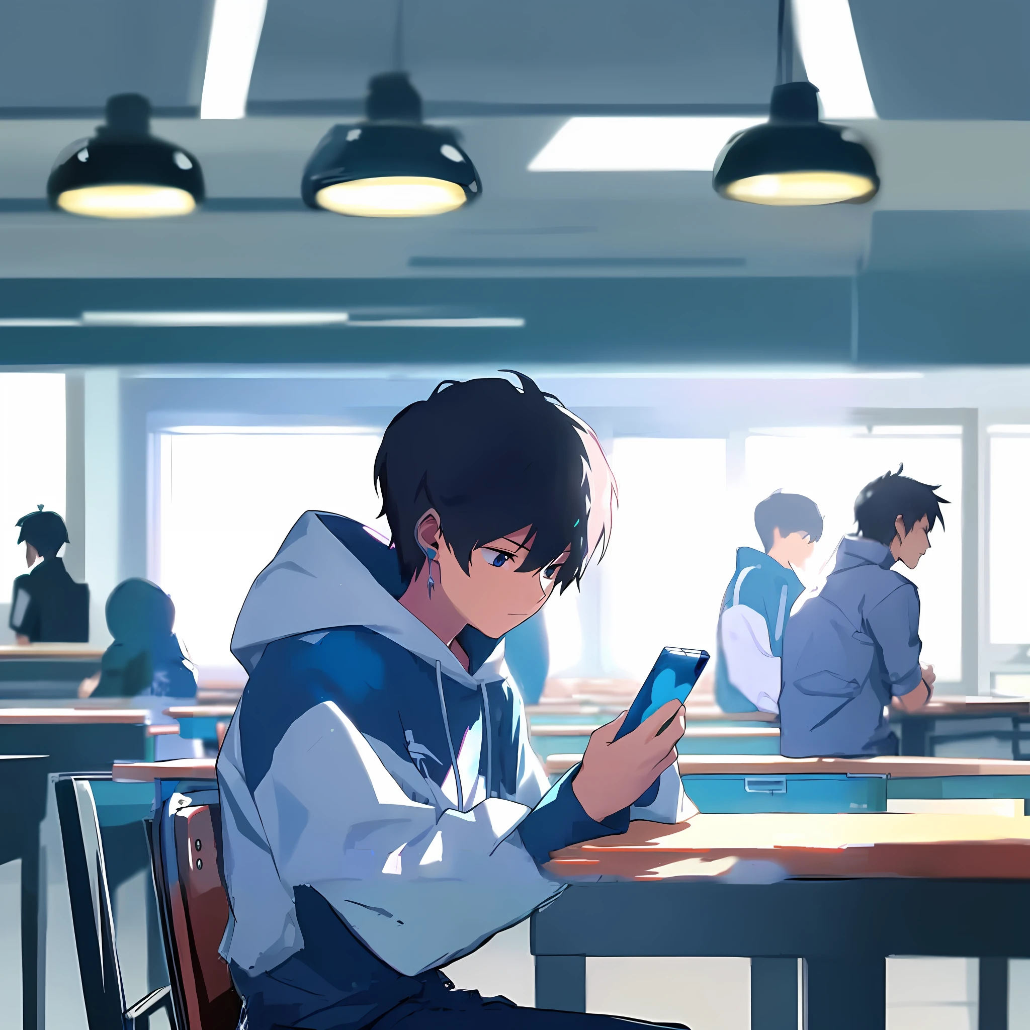 anime boy sitting at a table with a cell phone in his hand, anime boy ...