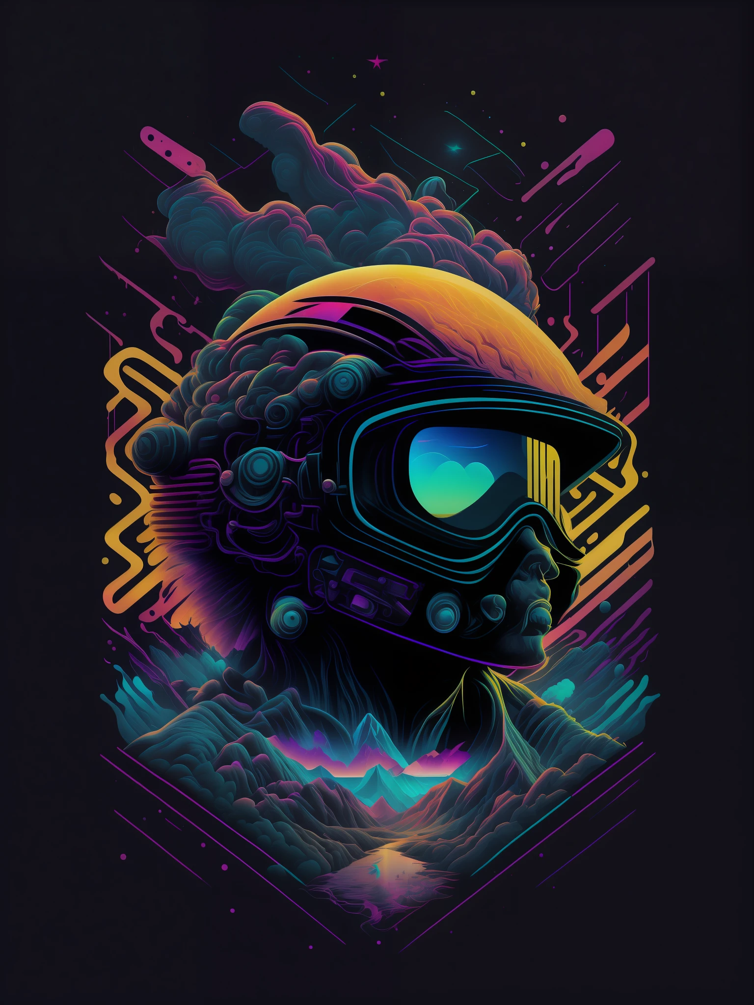 psychadelic, vector image, t-shirt design, isolated, black background, futuristic 3D illustration