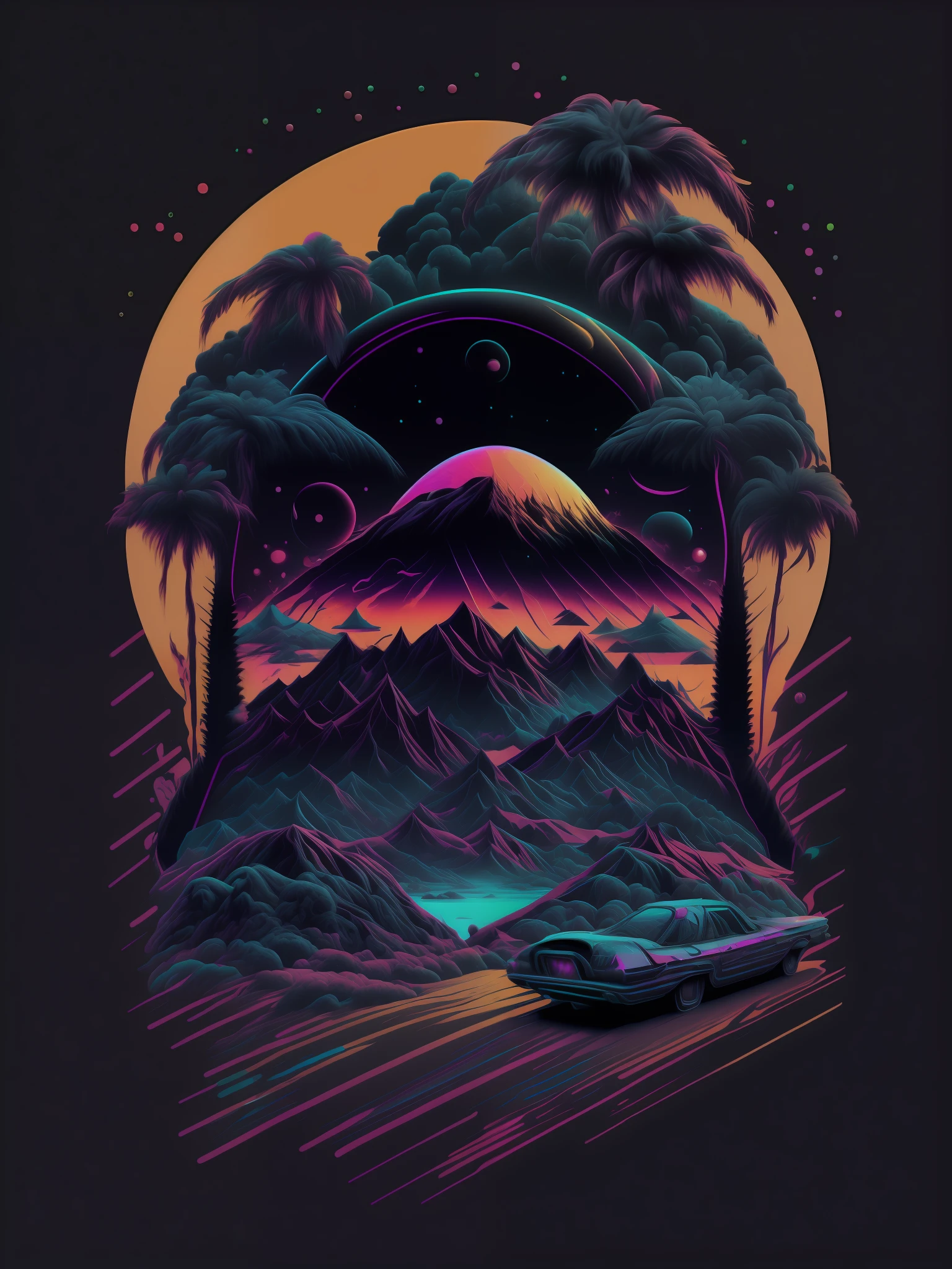 psychadelic, vector image, t-shirt design, isolated, black background, futuristic 3D illustration