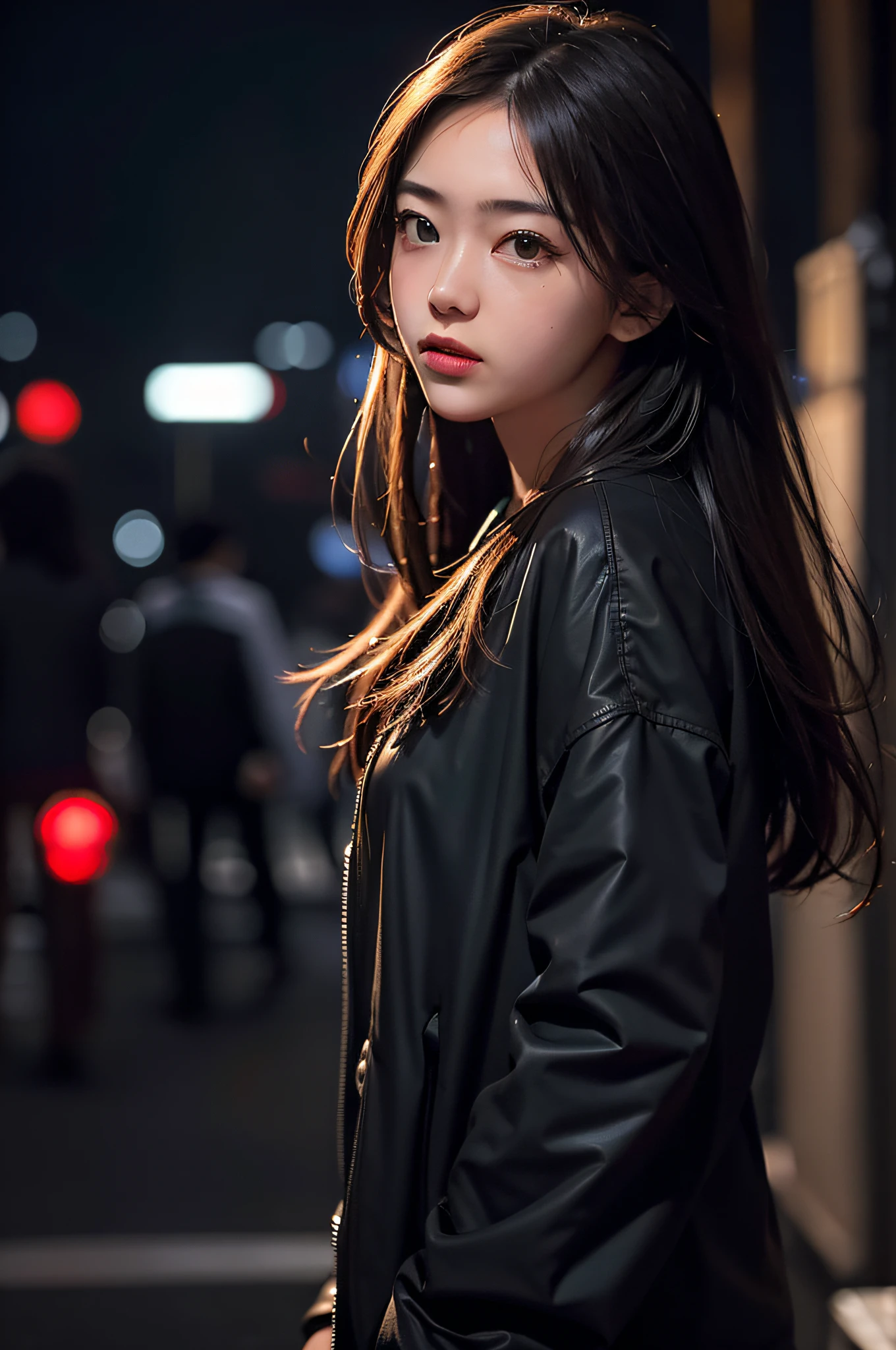 1girl, Tokyo street,night, cityscape,city lights, upper body,close-up, 8k, RAW photo, best quality, masterpiece,realistic, photo-realistic,