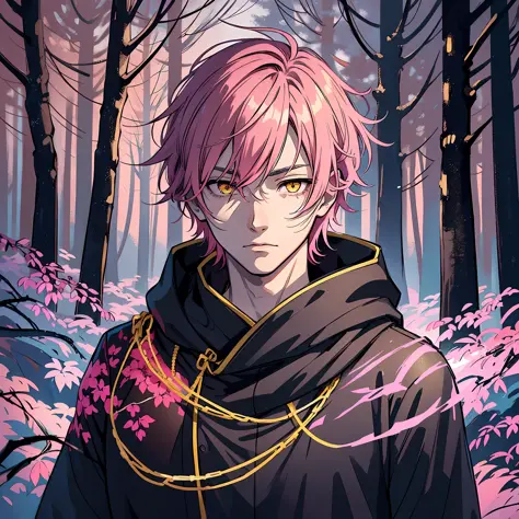 anime young adult man, short deep pink hair, yellow eyes, cold and calm expression, in the deep dark woods, during night, dark b...