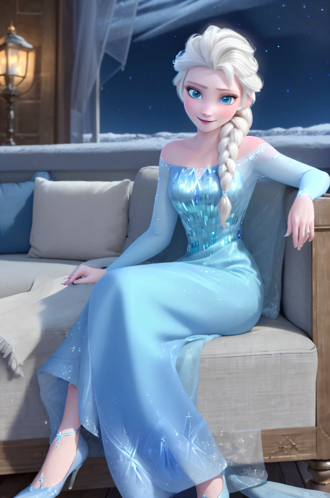 A woman in a blue dress sitting on a couch SeaArt AI