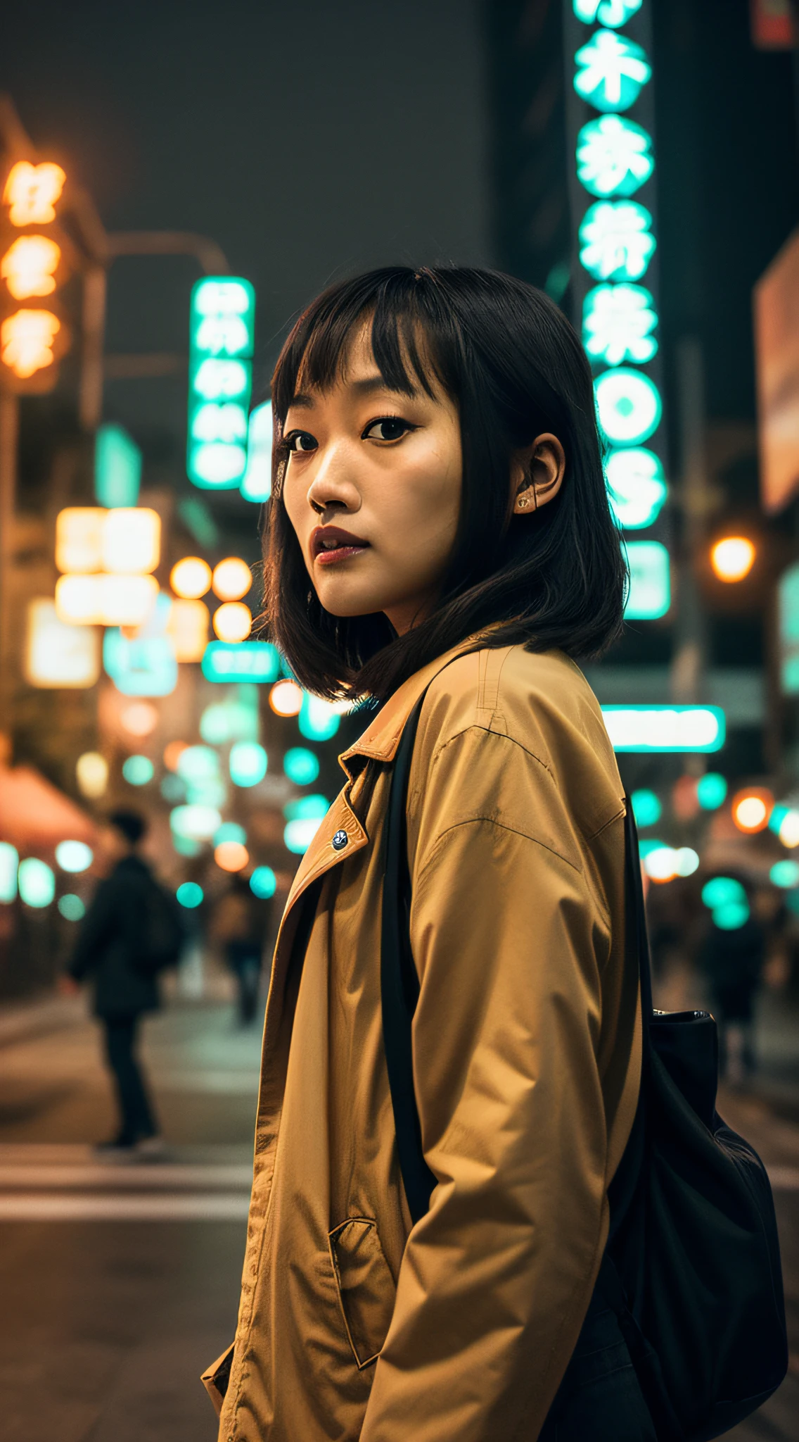 Selfie, street shooting, lens blur, Zhou Xun, cinematic sense, Guangzhou streets, hyper-realism, movie lighting effects, loneliness of people coming and going