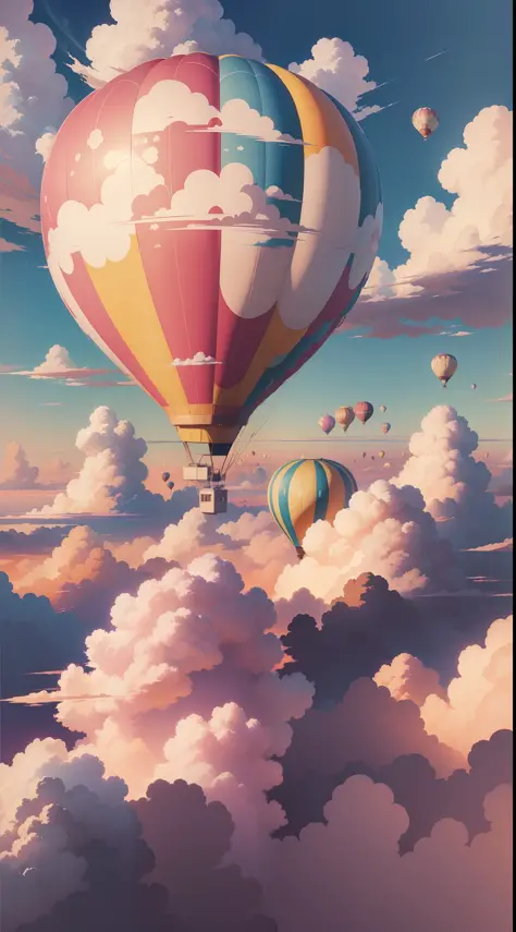 There are a lot of hot air balloons, anime clouds, anime skies, beautiful fluffy clouds in the sky. anime, anime background art, fluffy pink anime clouds, anime landscape wallpaper, clear beautiful sky, peaceful clouds, bright clouds, beautiful anime lands...