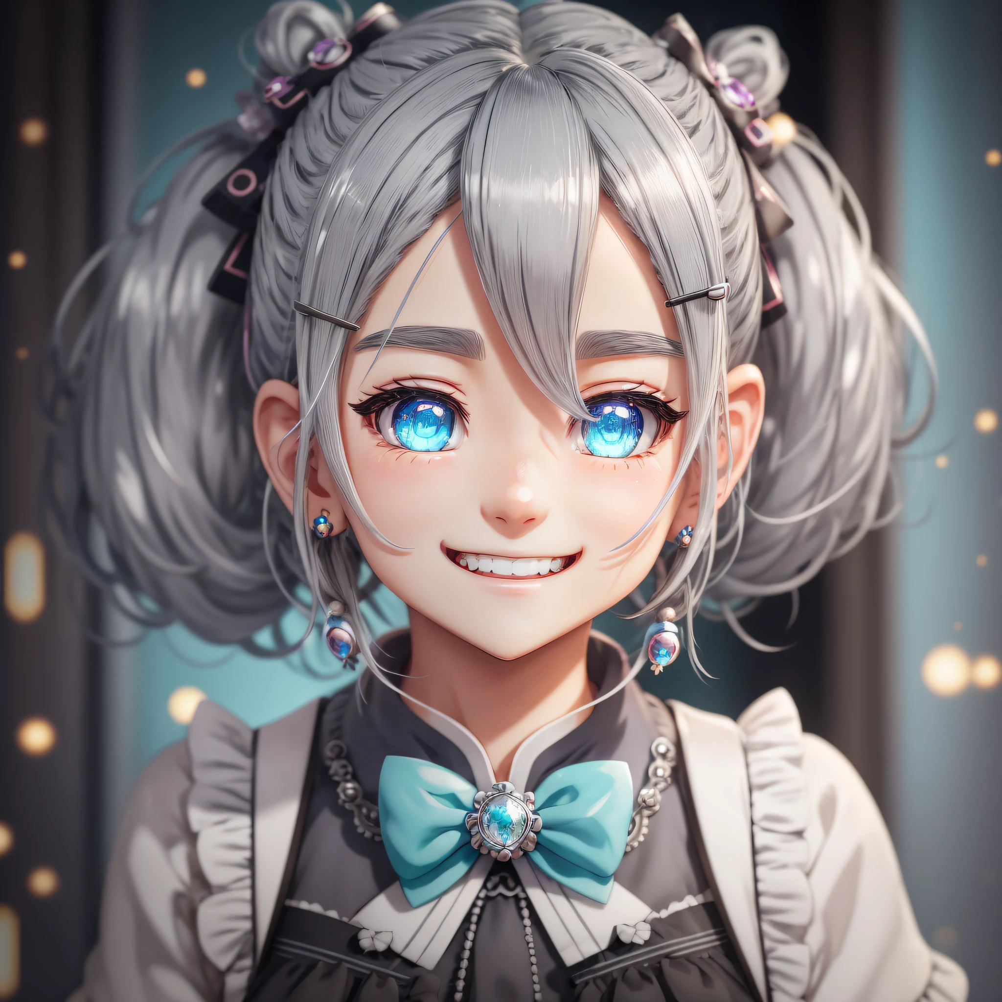 grey hair, short twintails, jewelry, kanzashi, aqua eyes, grin, happy, Romanticism, blind box toy style, cinematic lighting, Fujicolor, stereogram, projected inset, perspective, Sony FE GM, UHD, best quality, 8k, super detail, masterpiece --auto --s2