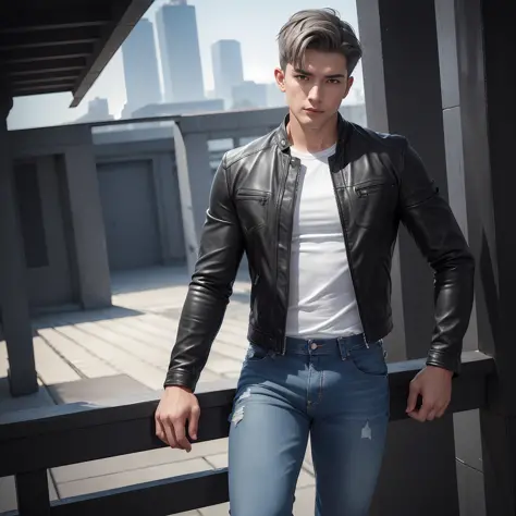 8K resolution, ultra-fine detail, fine picture, strong light tracing, masterpiece, high quality, detail light, ray tracing, 1 man, short gray hair, perfect face, blue ear drills, strong body, full body shot, leather jacket, jeans, casual shoes, in the live...