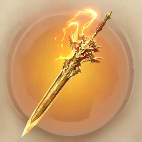 there is a gold sword with a flame on it, war blade weapon, flaming sword, gold sword, greatsword, shinning sword, huge sword, intricate fantasy spear, big sword, large sword, yellow broad sword, golden sword, brandishing powerful sword, fantasy blade, leg...