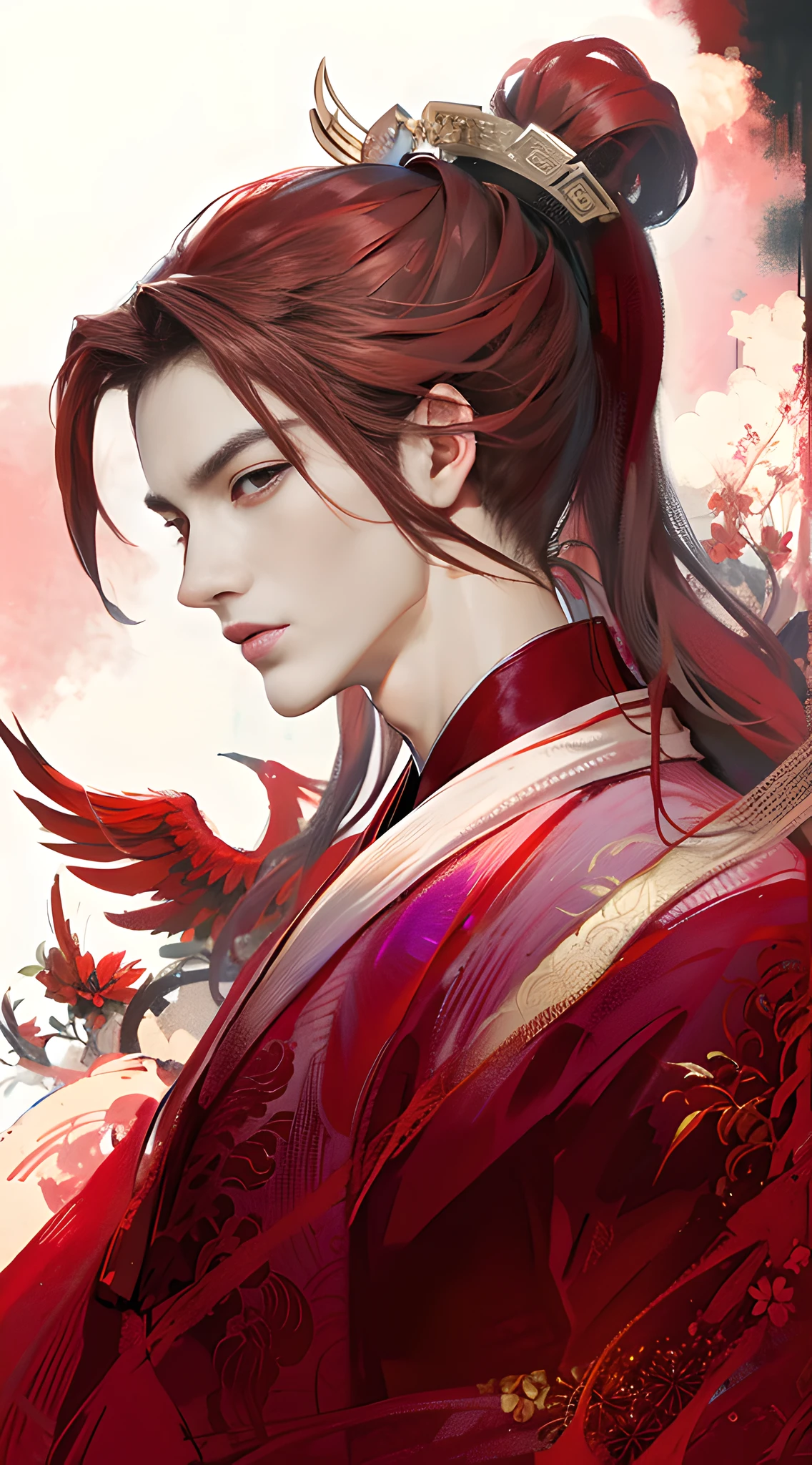 Chinese ancient style handsome boy side, handsome, slender, beautiful face, deep eyes, slender, brown-red hair, bust, gorgeous warm red Hanfu, phoenix background, red gorgeous decoration, exquisite details, ink style decoration, exquisite details
