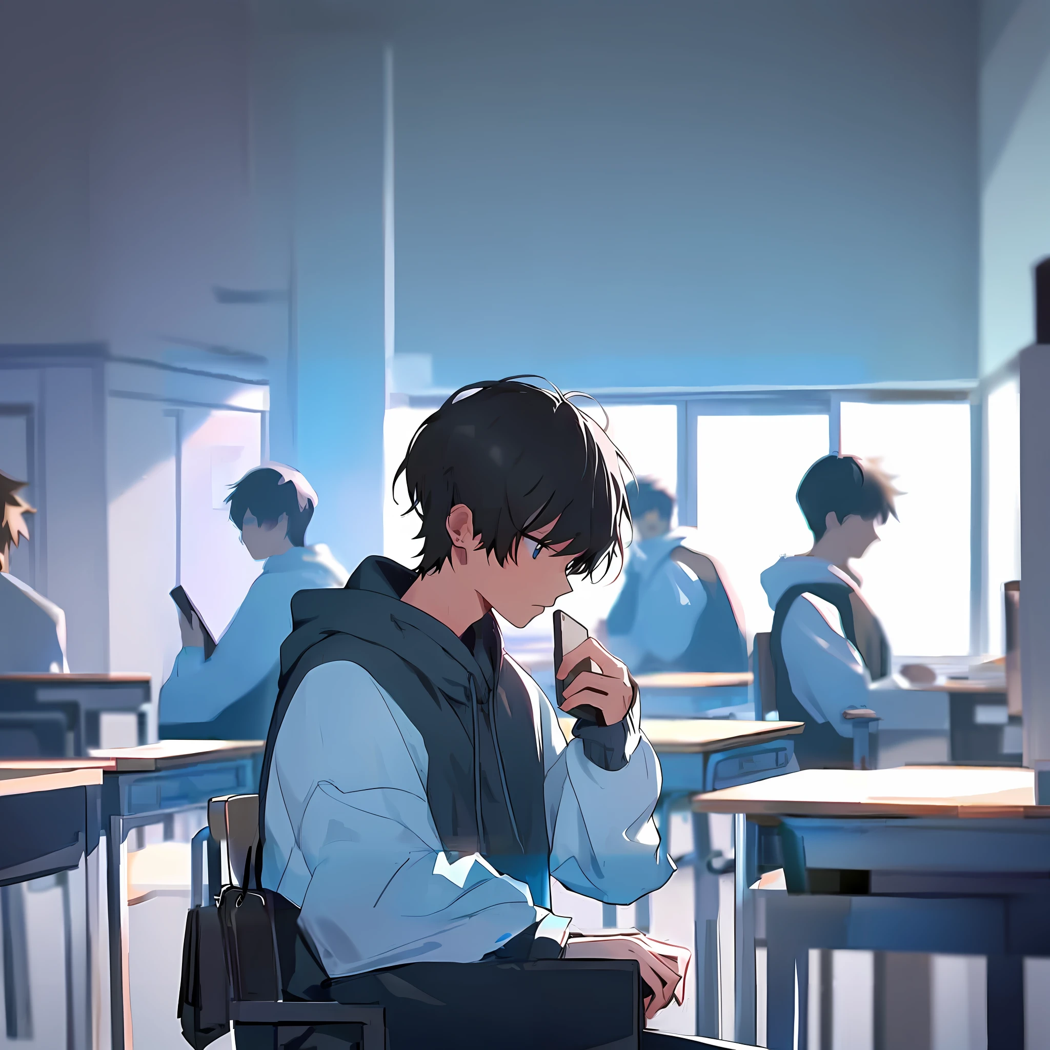 anime boy sitting in einem Klassenraum with a laptop and a book, Anime-Kunst-Tapete 8 K, Anime-Kunst-Hintergrundbild 4k, Anime-Kunst-Tapete 4k, im Unterricht stehen, in einem Klassenraum, artwork in the style of guweiz, Makoto Shinkai. digital render, 4K-Anime-Hintergrundbild, Anime-Hintergrundbild 4k, Anime-Tapete 4k, Highschool-Hintergrund