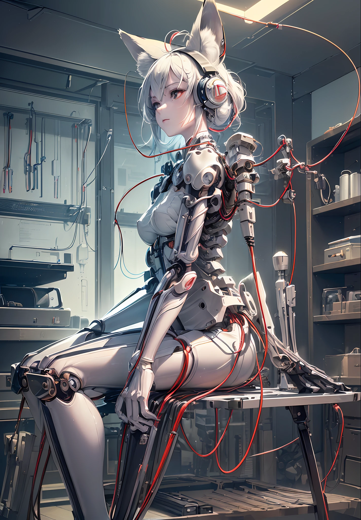 (((Masterpiece)))), (((highest quality)))), ((Ultra Definition)), (High Definition CG Illustration), (((Very delicate and beautiful)), (from the side), Cinematic light, (((1 Mechanical Fox Ear Girl)), Solo, Full Body, (Mechanical Joint: 1.2), ((Mechanical Limbs)), (Blood Vessels Connected to Tubes), (Mechanical Spine Attached to the Back), (Mechanical Cervical Vertebrae Attached to the Neck)), (Sitting), Expressionless, (Wires and cables attached to the neck: 1.2), (Wires and cables on the head: 1.2) (Character Focused), Science Fiction, Highly Detailed, Colorful, Most Detailed
