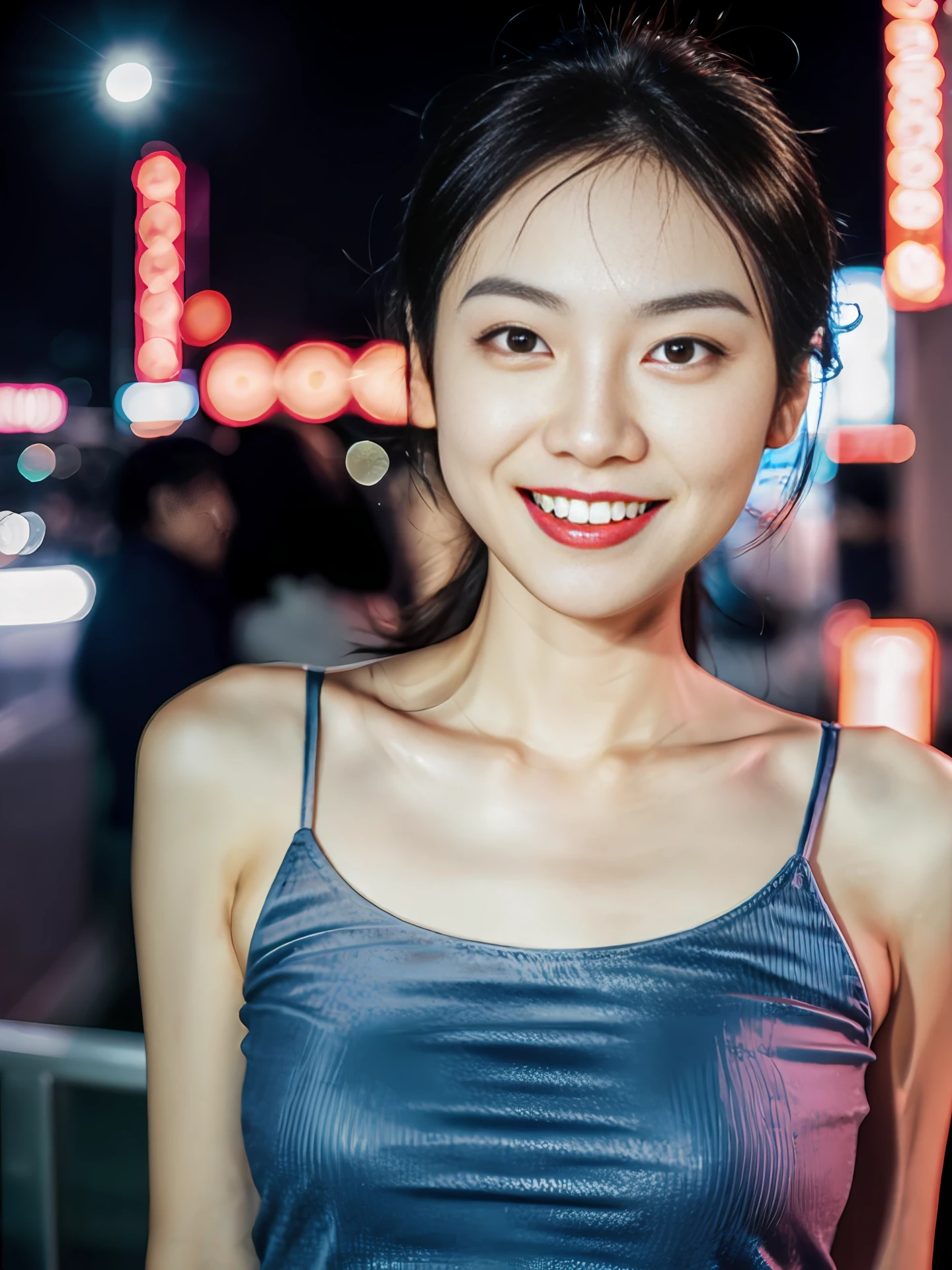 Arafed Woman In A Blue Top Standing In Front Of A Neon Sign Seaart Ai