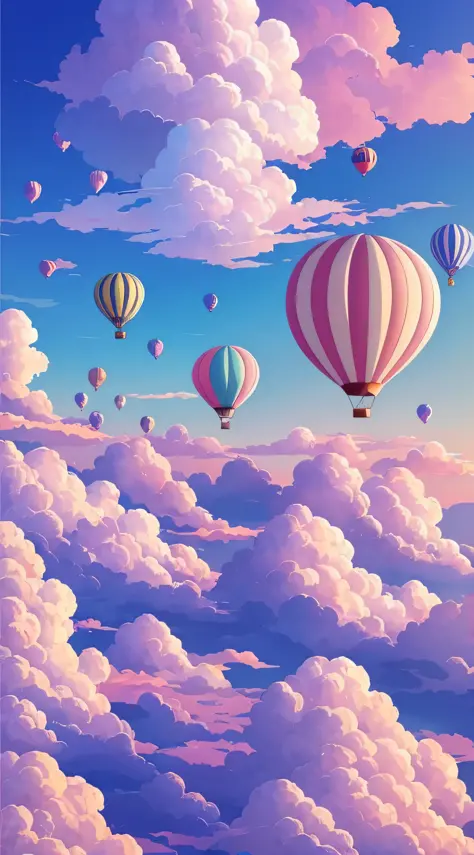 Blue sky, white clouds, a lot of hot air balloons in the air, anime clouds, anime sky, beautiful fluffy clouds. anime, anime background art, fluffy pink anime clouds, anime landscape wallpaper, clear beautiful sky, peaceful clouds, bright clouds, beautiful...