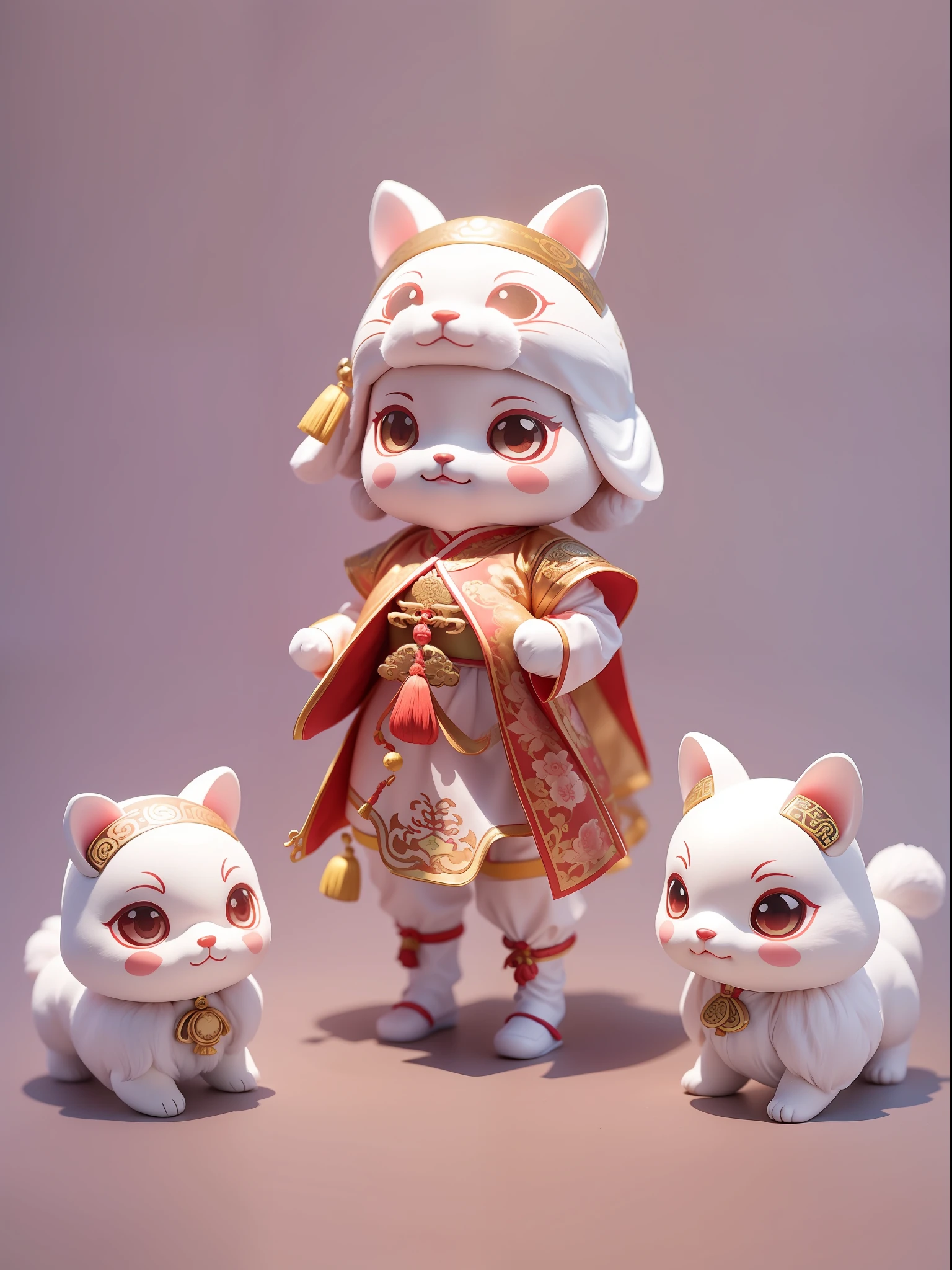 Cute animals dressed in traditional Ming dynasty Chinese silk costumes, movie lights, clean white background, quality colors, full body 3D models, ancient Chinese cultural elements, action, fashion blind box toys. (fill body: 1.2), chibi ,-- style performance --AR 3:4 --style performance --upbeta --niji 5
