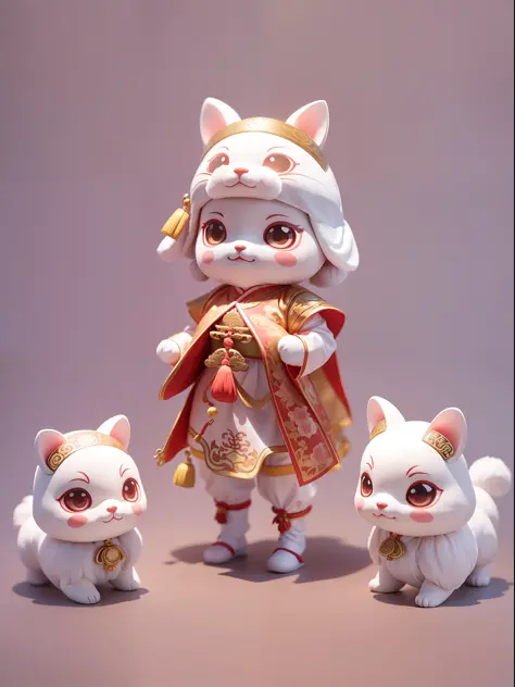 Cute animals dressed in traditional Ming dynasty Chinese silk costumes, movie lights, clean white background, quality colors, fu...