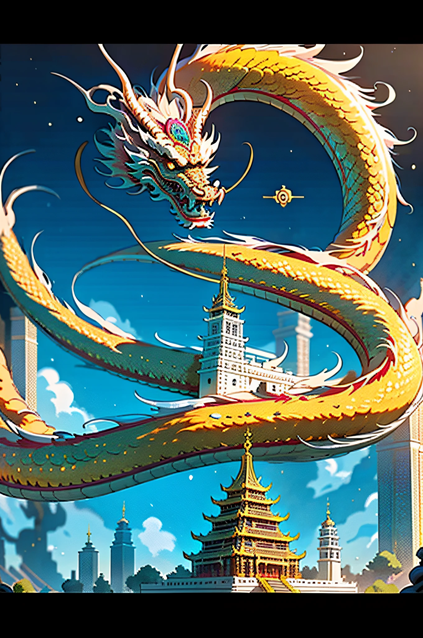 (obra de arte, melhor_qualidade, ultra detalhado, imaculado: 1.3), épico, ilustração, (Comprimento: 1.2), dragão oriental, "Templo Distópico, Dragão dourado"