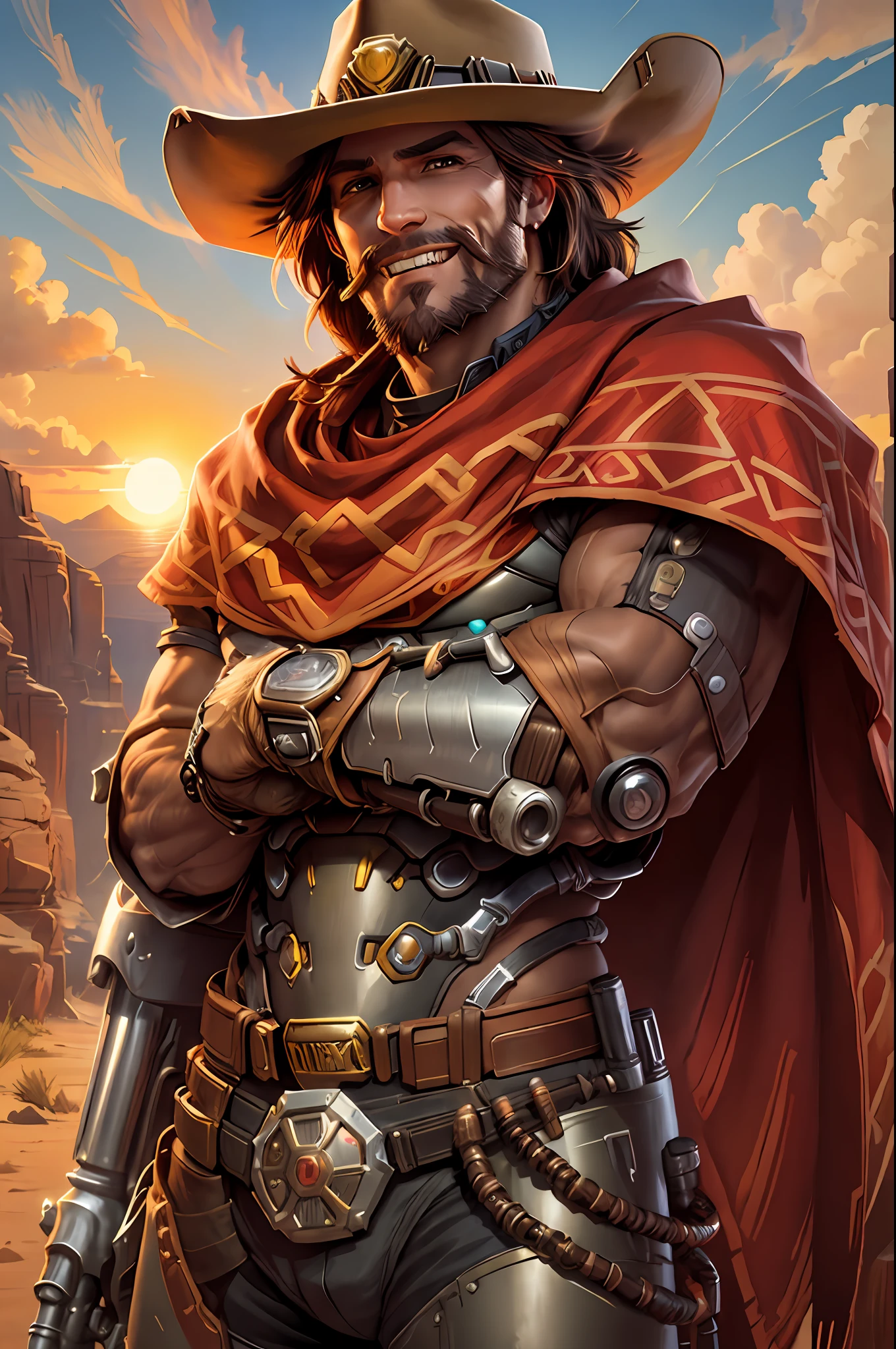 mccree, western setting, cowboy hat, red poncho, muscular, hunk, mechanical body, cybernetic right arm, cape, setting sun in background, smile,  confident pose, cigar in mouth,  best quality