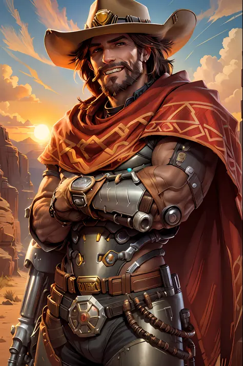 mccree, western setting, cowboy hat, red poncho, muscular, hunk, mechanical body, cybernetic right arm, cape, setting sun in bac...