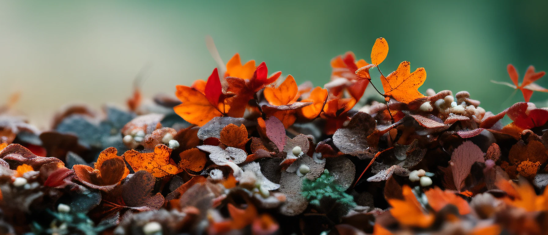 classicnegative, (low angle) macro photography of colorful alien fungus and mushrooms  fairy forest covered flowers, autumn, fall, colorful leaves, (trees with white trunk) in the background, 200mm 1.4f, sharp focus, cinematography