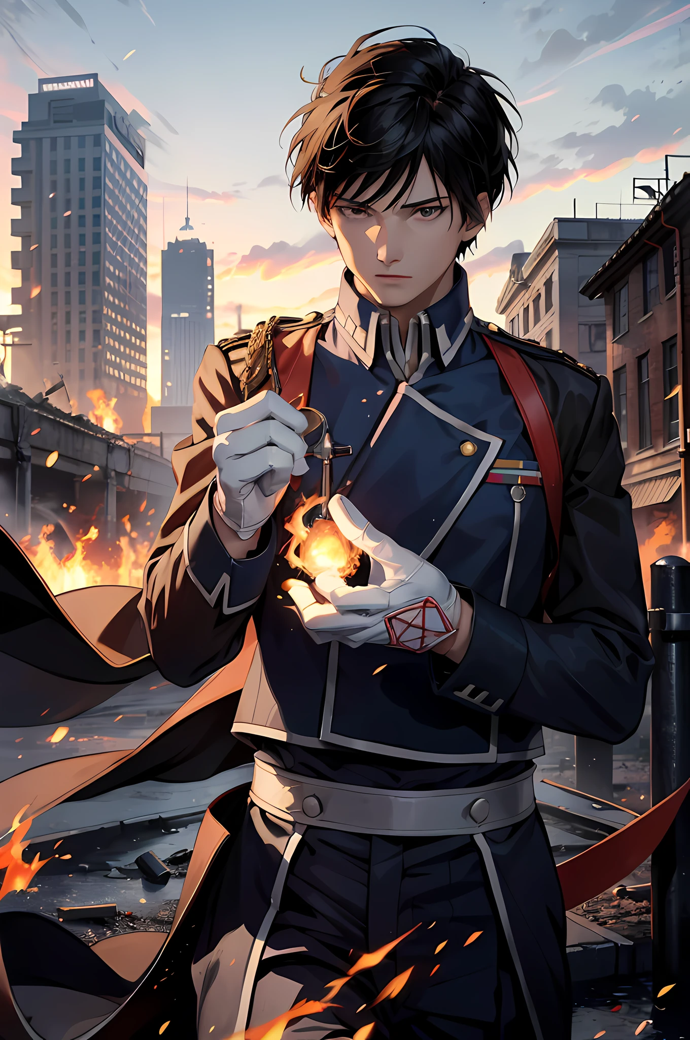 (absurdres, highres, ultra detailed, HDR), masterpiece, best quality, 1boy, solo, short hair, black hair, military uniform, white gloves, magic glove, handsome, fire, surrounded by flame, ruined city, real shadow