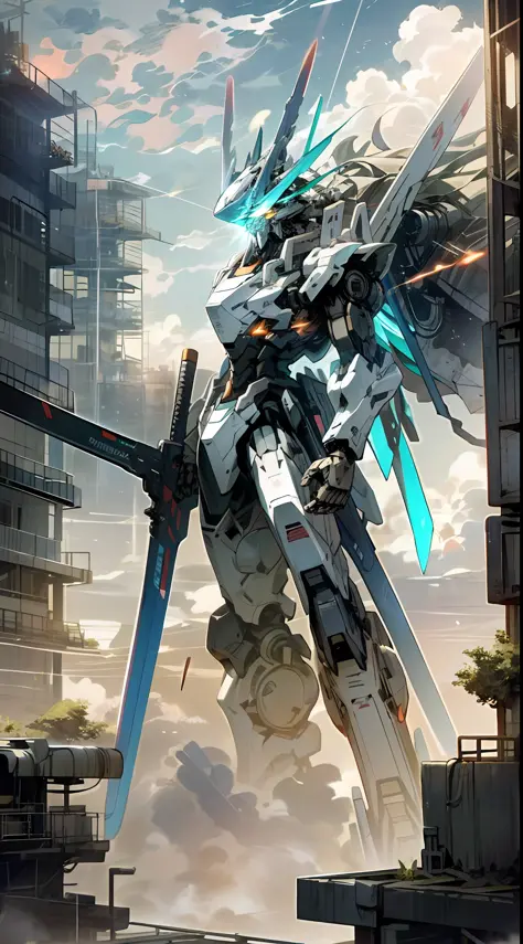 sky, clouds, holding_weapon, no_humans, glowing, a man standing on top of a building, his back to the viewer, looking into the distance, giant robot, building, ruins, glowing_eyes, mecha, science fiction, city, reality, mecha