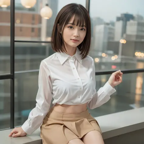 (8k, top quality, masterpiece: 1.2), (realistic, photorealistic: 1.37), super detailed, girl one, cute, solo, beautiful detailed sky, detailed café, night, sitting, date, (blush), (smile: 1.15), finely beautiful eyes, (collared shirt: 1.1), night, wet, off...