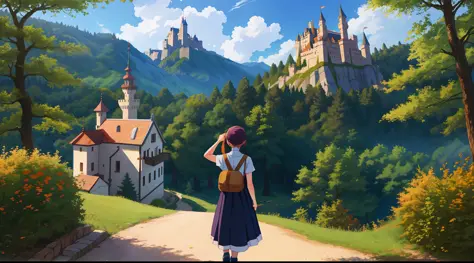 pixel - hinata, 1 girl, masterpiece, top quality, forest mountain, castle towering, girl looking up, back view