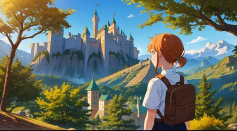 pixel - hinata, 1 girl, masterpiece, top quality, forest mountain, castle towering, girl looking up, back view