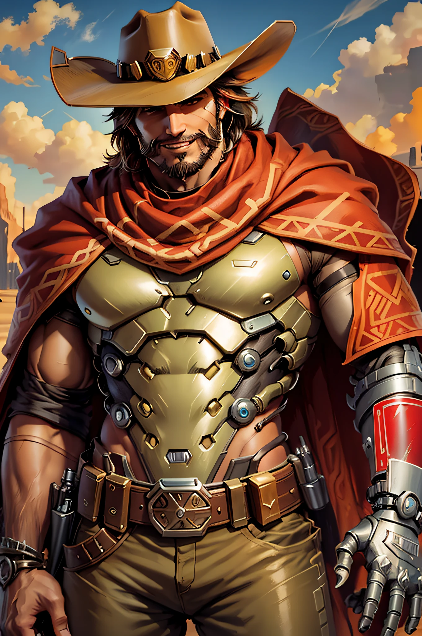 mccree, western setting, cowboy hat, red poncho, muscular, hunk, mechanical body, cybernetic right arm, cape, setting sun in background, smile,  confident pose, cigar in mouth,  best quality