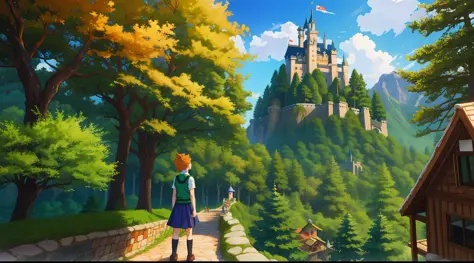 pixel - hinata, 1 girl, masterpiece, top quality, forest mountain, castle towering, girl looking up, back view