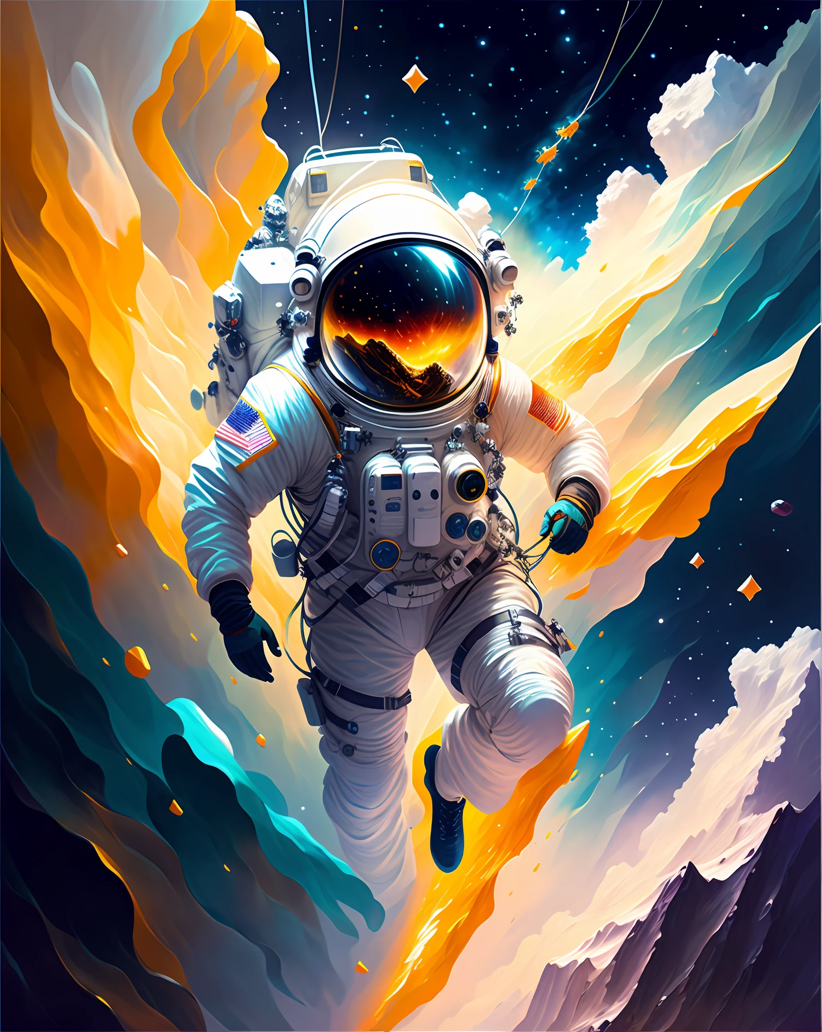 astronaut in outer space with glowing orange and blue clouds, stunning digital illustration, jen bartel, astronaut, detailed astronaut, space walk, space art, astronaut in space, beautiful digital artwork, sci-fi digital art illustration, astronaut lost in liminal space, futuristic astronaut, space walk scene, a beautiful artwork illustration, astronaut walking, inspired by Cyril Rolando