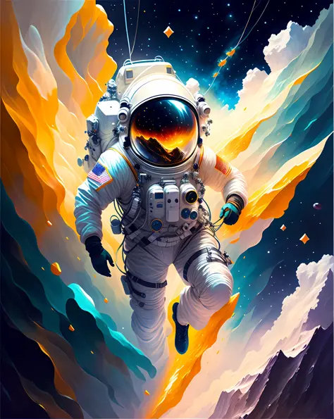 astronaut in outer space with glowing orange and blue clouds, stunning digital illustration, jen bartel, astronaut, detailed ast...